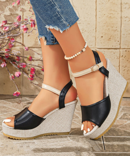 Black Sandals Wedge Faux Leather Stylish Splicing Buckle Strap