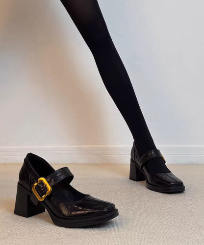 Black Sheepskin Buckle Strap Splicing Elegant Chunky High Heels