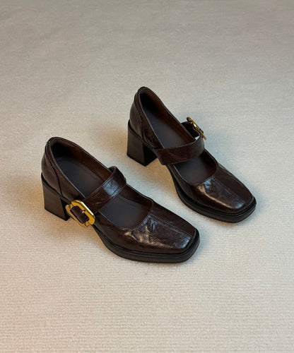Black Sheepskin Buckle Strap Splicing Elegant Chunky High Heels