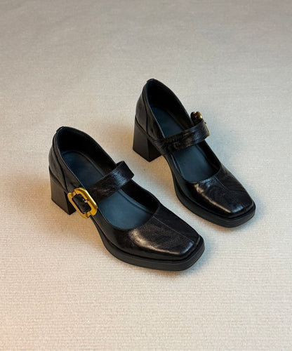 Black Sheepskin Buckle Strap Splicing Elegant Chunky High Heels