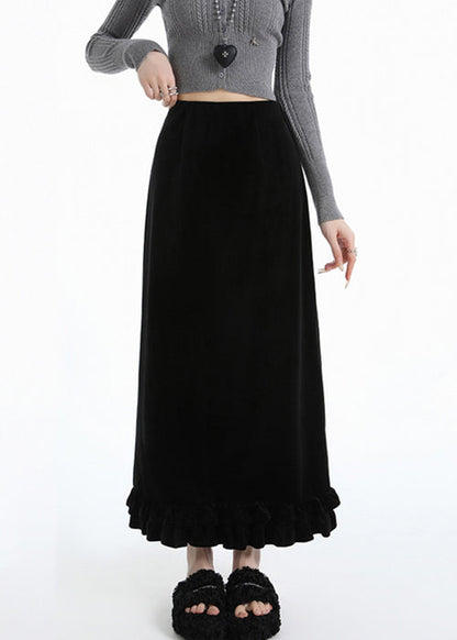 Black Side Open High Waist Warm Fleece Silk Velvet Skirts Ruffled