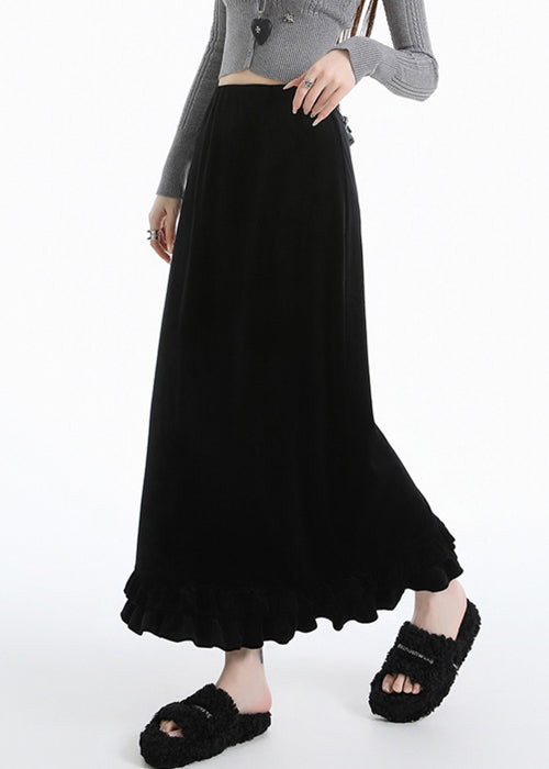 Black Side Open High Waist Warm Fleece Silk Velvet Skirts Ruffled