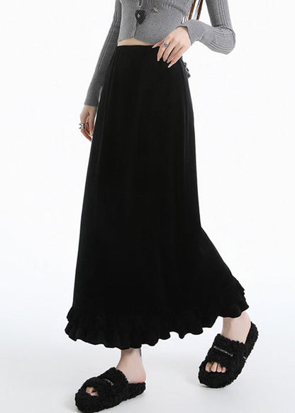 Black Side Open High Waist Warm Fleece Silk Velvet Skirts Ruffled