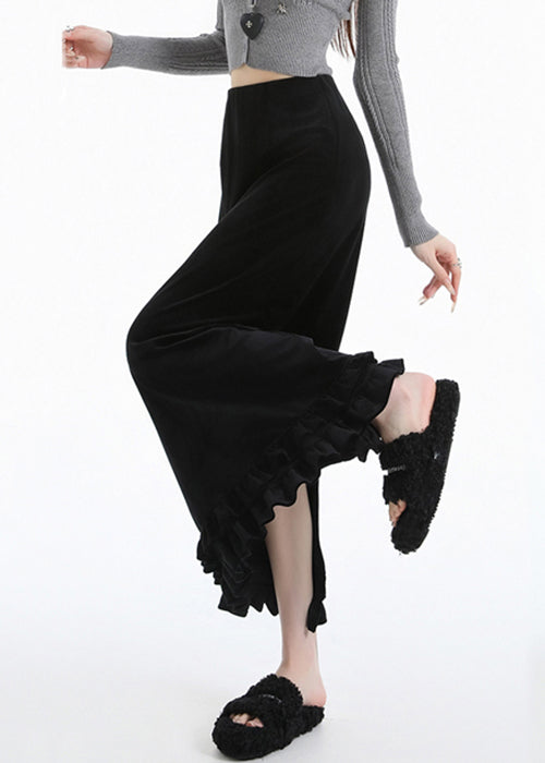 Black Side Open High Waist Warm Fleece Silk Velvet Skirts Ruffled