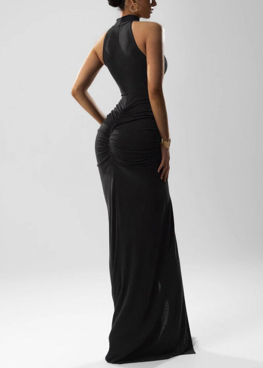 Black Side Open Solid Cotton Sleeveless Ankle Dress Wrinkled