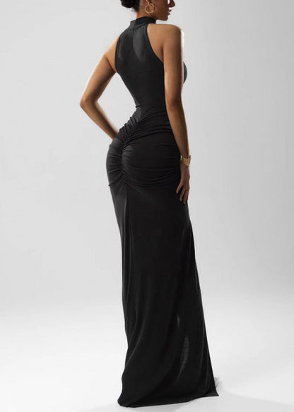 Black Side Open Solid Cotton Sleeveless Ankle Dress Wrinkled