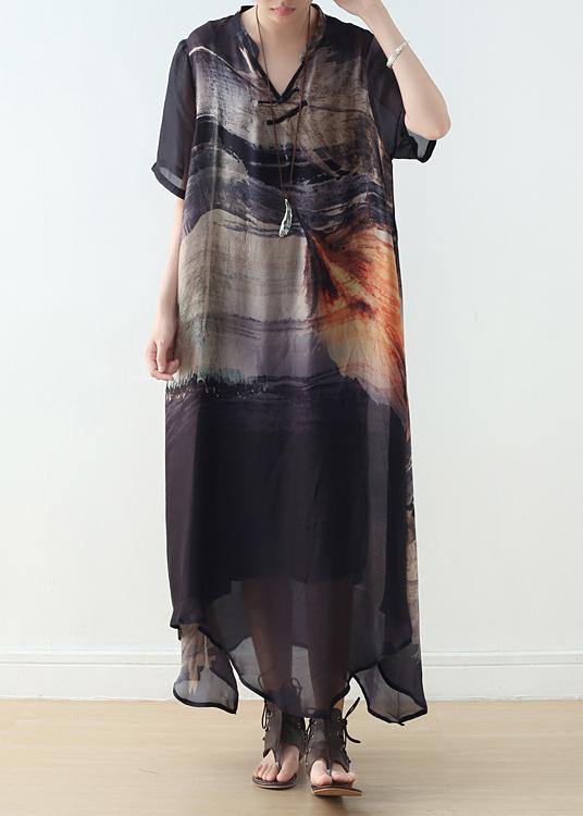 Black Silk Vintage Large Irregular Print Dress - SooLinen