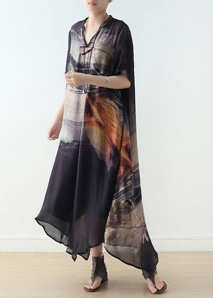 Black Silk Vintage Large Irregular Print Dress - SooLinen