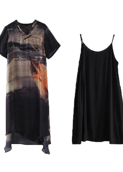 Black Silk Vintage Large Irregular Print Dress - SooLinen