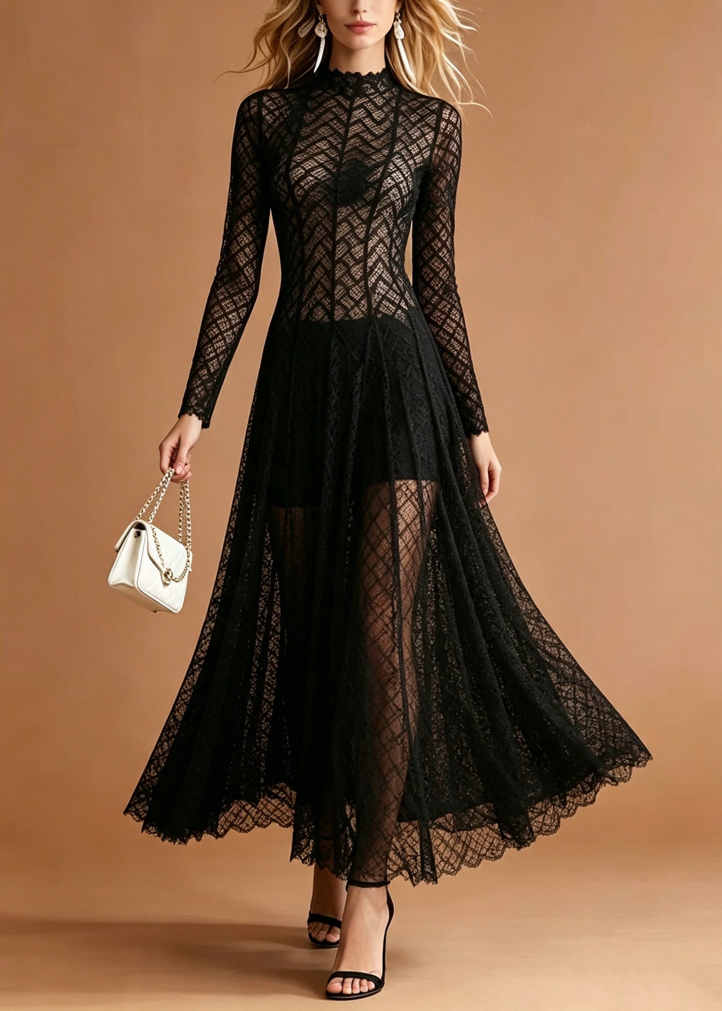 Black Silm Fit Lace Maxi Dress Hollow Out Exra Large Hem Summer