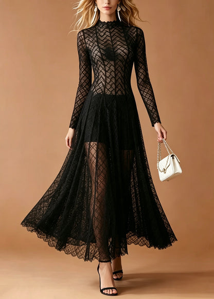 Black Silm Fit Lace Maxi Dress Hollow Out Exra Large Hem Summer