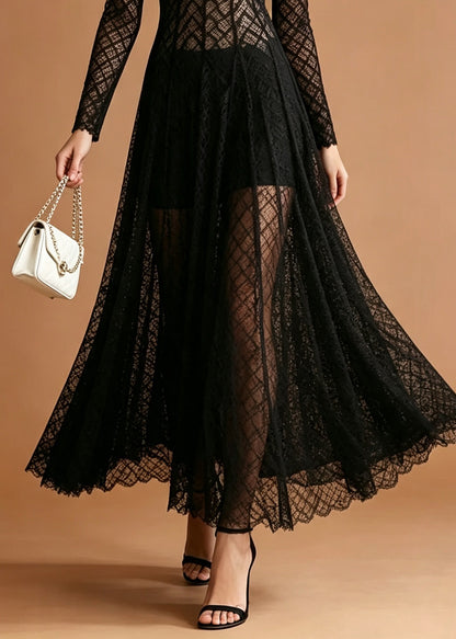 Black Silm Fit Lace Maxi Dress Hollow Out Exra Large Hem Summer