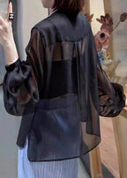 Black Solid Button Chiffon Blouses Stand Collar Lantern Sleeve