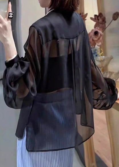 Black Solid Button Chiffon Blouses Stand Collar Lantern Sleeve