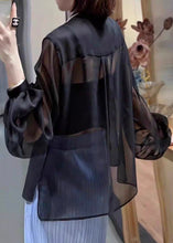 Load image into Gallery viewer, Black Solid Button Chiffon Blouses Stand Collar Lantern Sleeve
