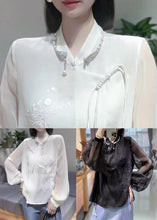 Load image into Gallery viewer, Black Solid Button Chiffon Blouses Stand Collar Lantern Sleeve