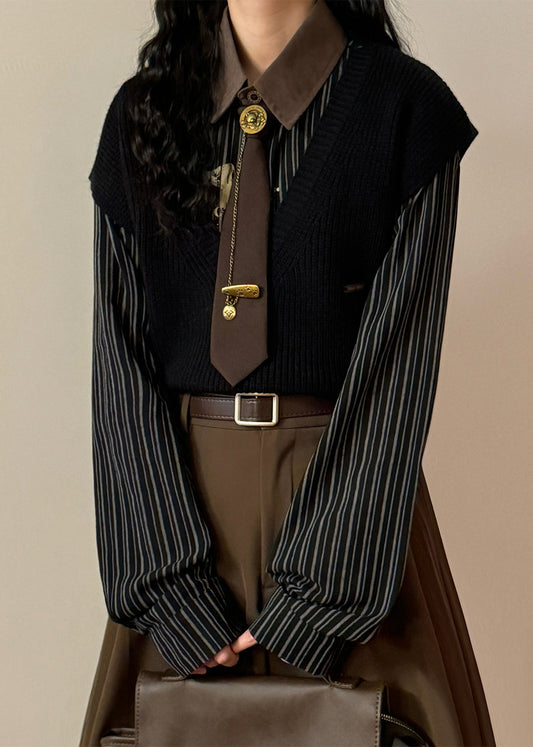 Black Solid Cozy Knit Vest V Neck Spring