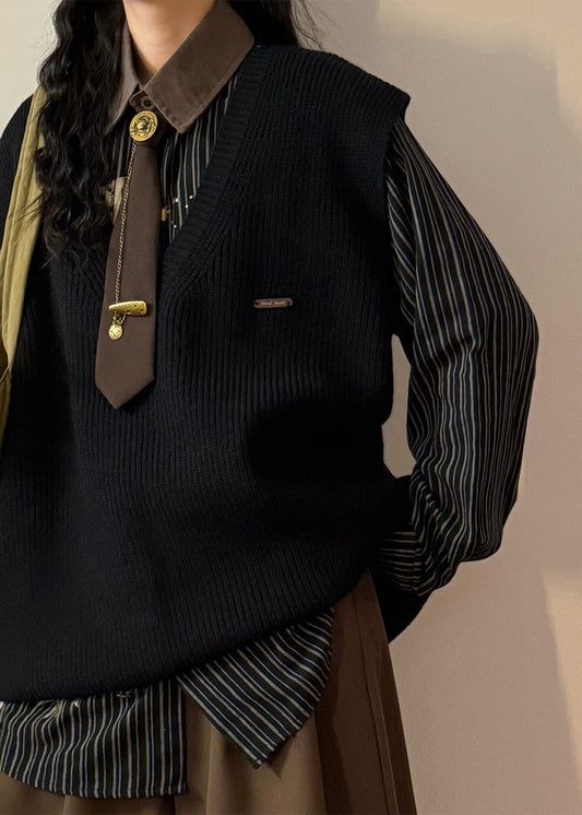 Black Solid Cozy Knit Vest V Neck Spring