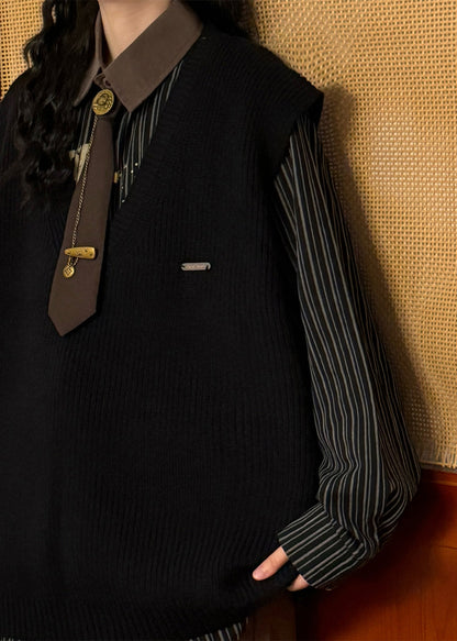 Black Solid Cozy Knit Vest V Neck Spring