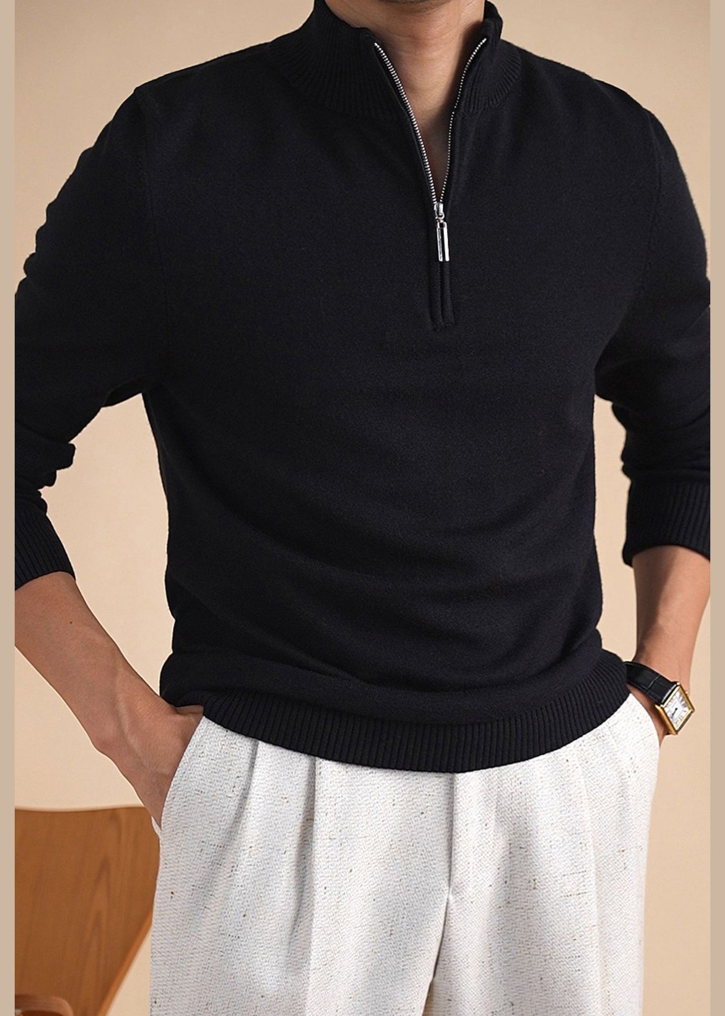 Black Solid Cozy Knit Winter Men Sweater Tops Zip Up