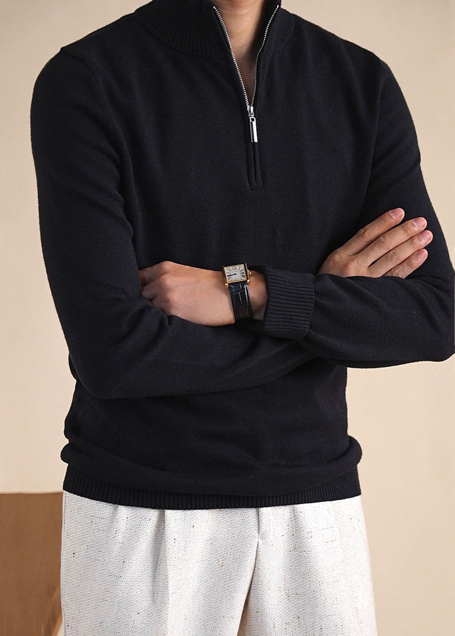 Black Solid Cozy Knit Winter Men Sweater Tops Zip Up