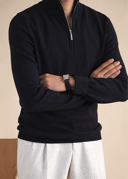 Black Solid Cozy Knit Winter Men Sweater Tops Zip Up