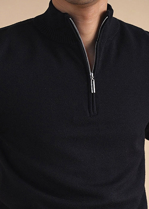 Black Solid Cozy Knit Winter Men Sweater Tops Zip Up