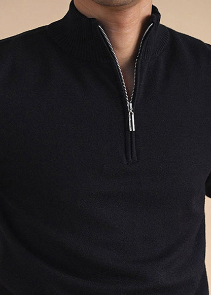 Black Solid Cozy Knit Winter Men Sweater Tops Zip Up
