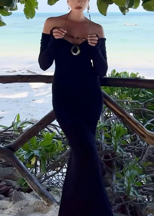 Black Solid High Waist Cotton Spring Long Dress Back Side Open