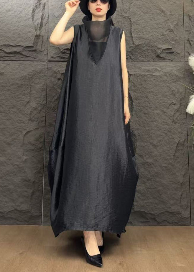 Black Solid Patchwork Silk Long Dresses Turtleneck Summer