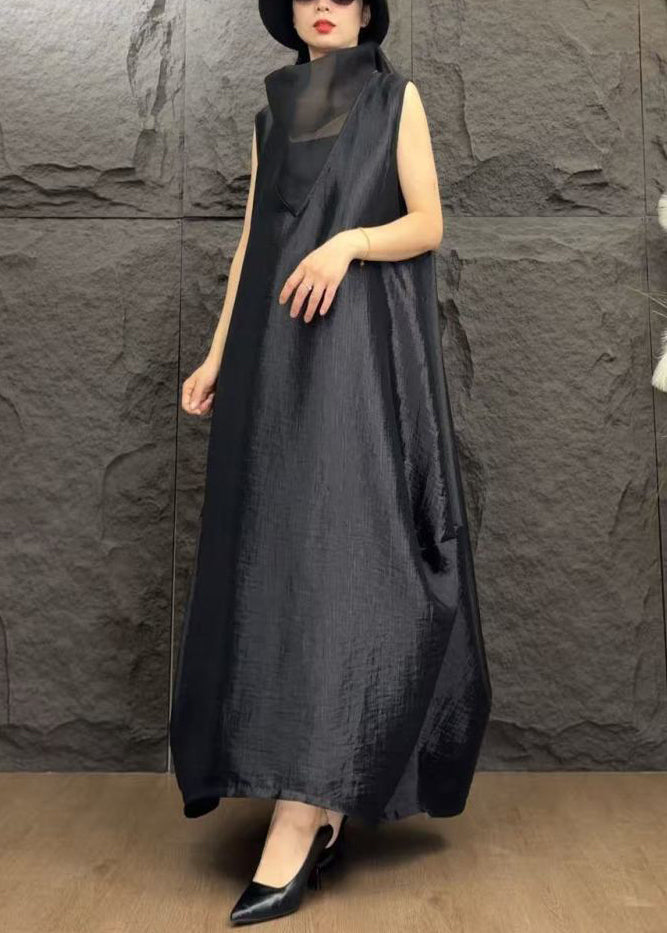 Black Solid Patchwork Silk Long Dresses Turtleneck Summer