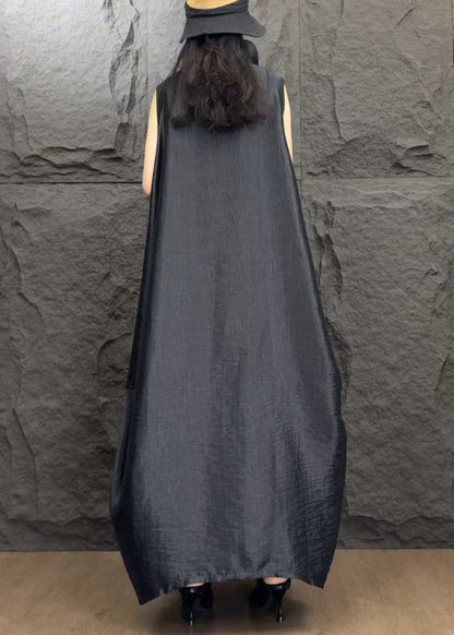 Black Solid Patchwork Silk Long Dresses Turtleneck Summer