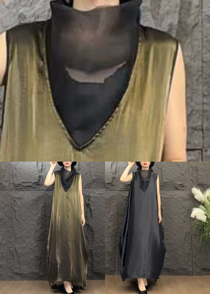 Black Solid Patchwork Silk Long Dresses Turtleneck Summer