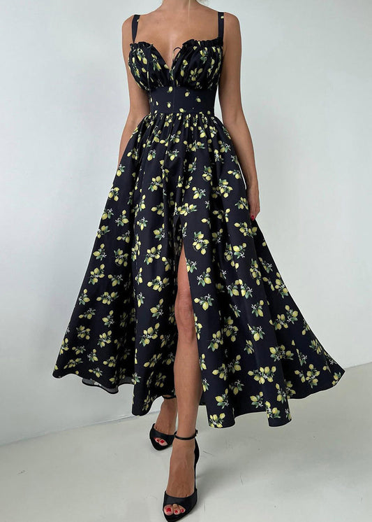 Black Square Collar High Waist Maxi Spaghetti Strap Dress Summer