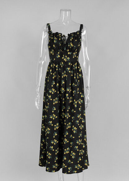 Black Square Collar High Waist Maxi Spaghetti Strap Dress Summer