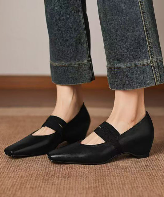 Black Square Toe Cross Strap Faux Leather Wedge Pumps