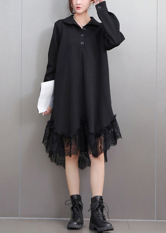 Black Stand Collar Button Maxi Dresses Puff Sleeve