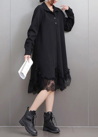 Black Stand Collar Button Maxi Dresses Puff Sleeve
