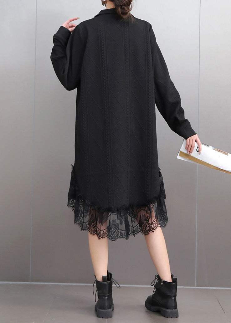 Black Stand Collar Button Maxi Dresses Puff Sleeve