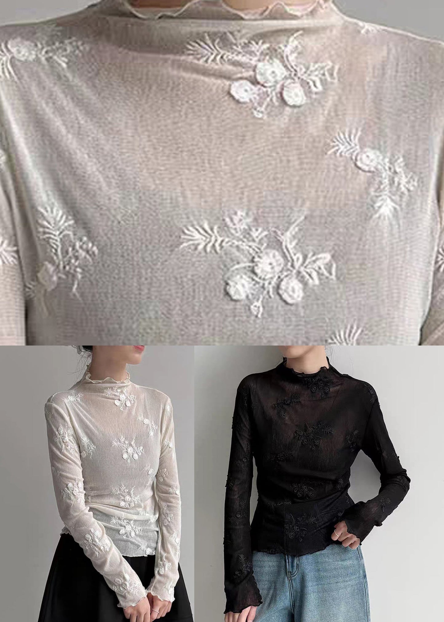 Black Stand Collar Patchwork Tulle Shirts Spring