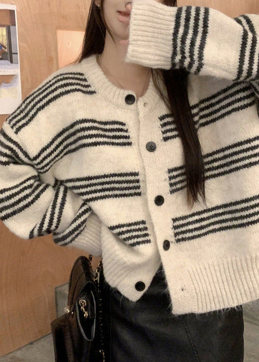 Black Striped Button Cotton Knit Cardigan Spring