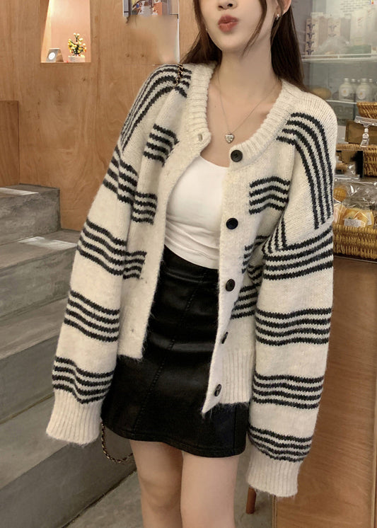 Black Striped Button Cotton Knit Cardigan Spring