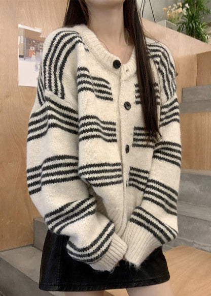Black Striped Button Cotton Knit Cardigan Spring