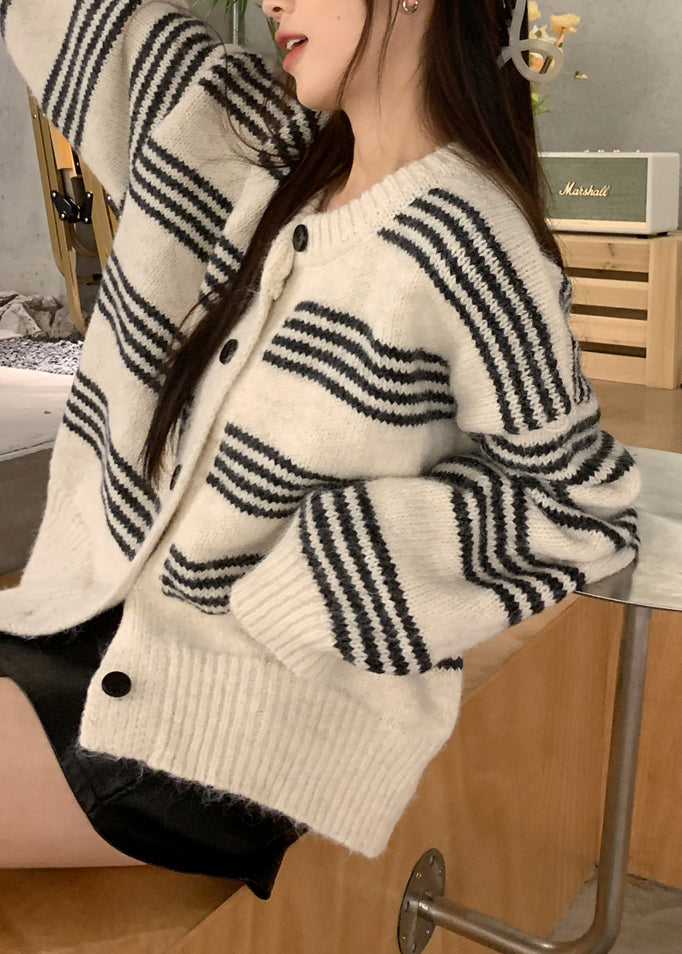 Black Striped Button Cotton Knit Cardigan Spring
