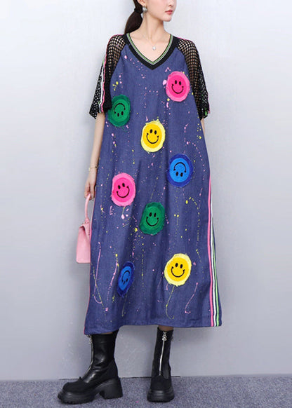 Black Striped Cheerful Smiley Patchwork Denim Summer Long Dress V Neck