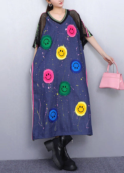 Black Striped Cheerful Smiley Patchwork Denim Summer Long Dress V Neck