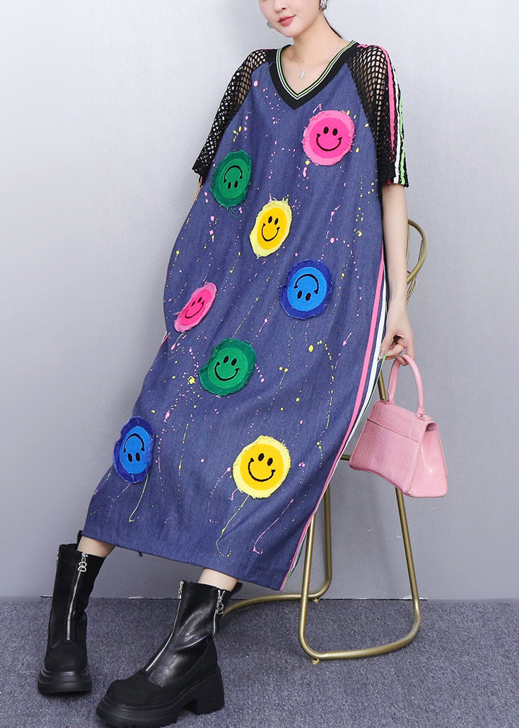 Black Striped Cheerful Smiley Patchwork Denim Summer Long Dress V Neck