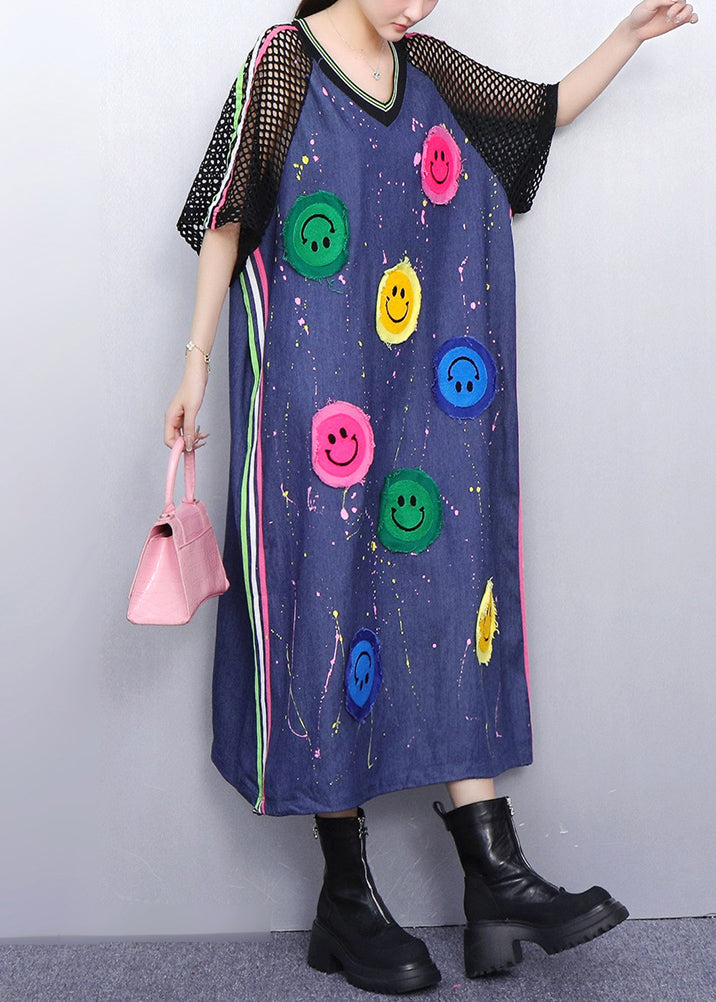 Black Striped Cheerful Smiley Patchwork Denim Summer Long Dress V Neck