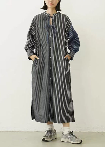 Black Striped Cotton Shirt Dresses Oversized Lace Up Spring