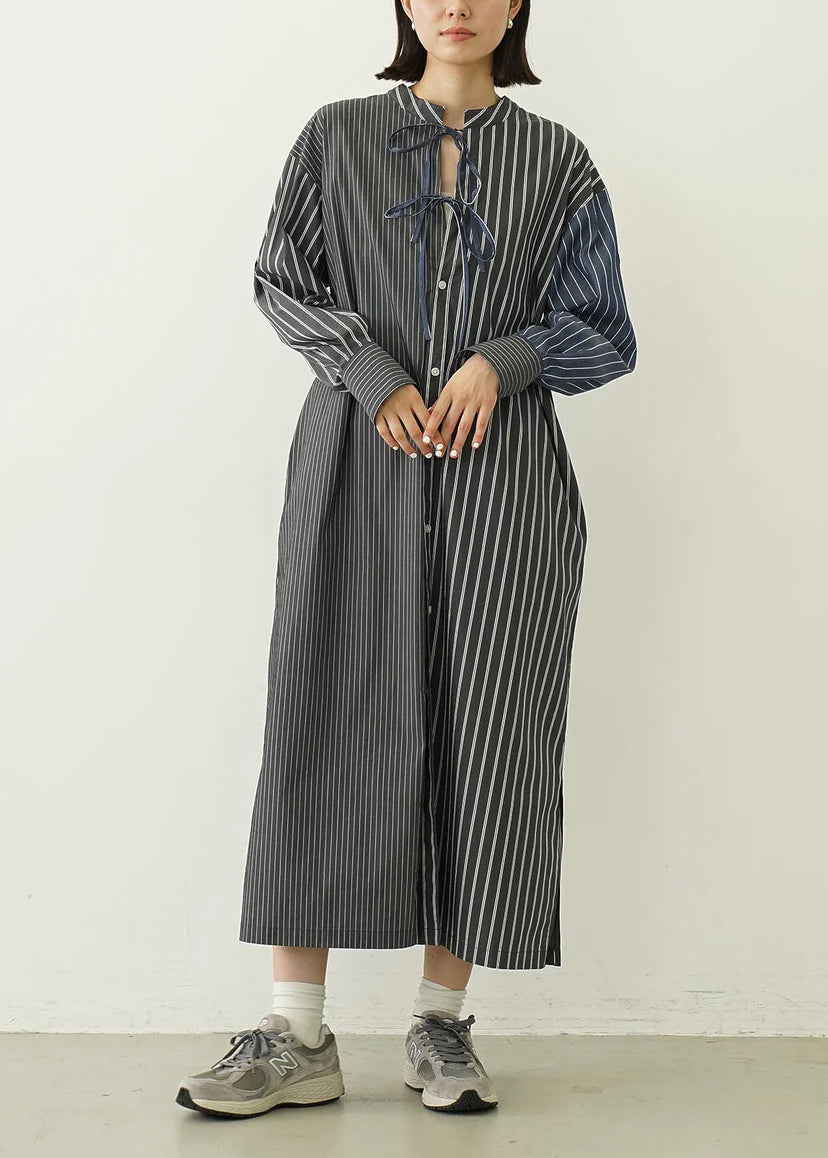 Black Striped Cotton Shirt Dresses Oversized Lace Up Spring